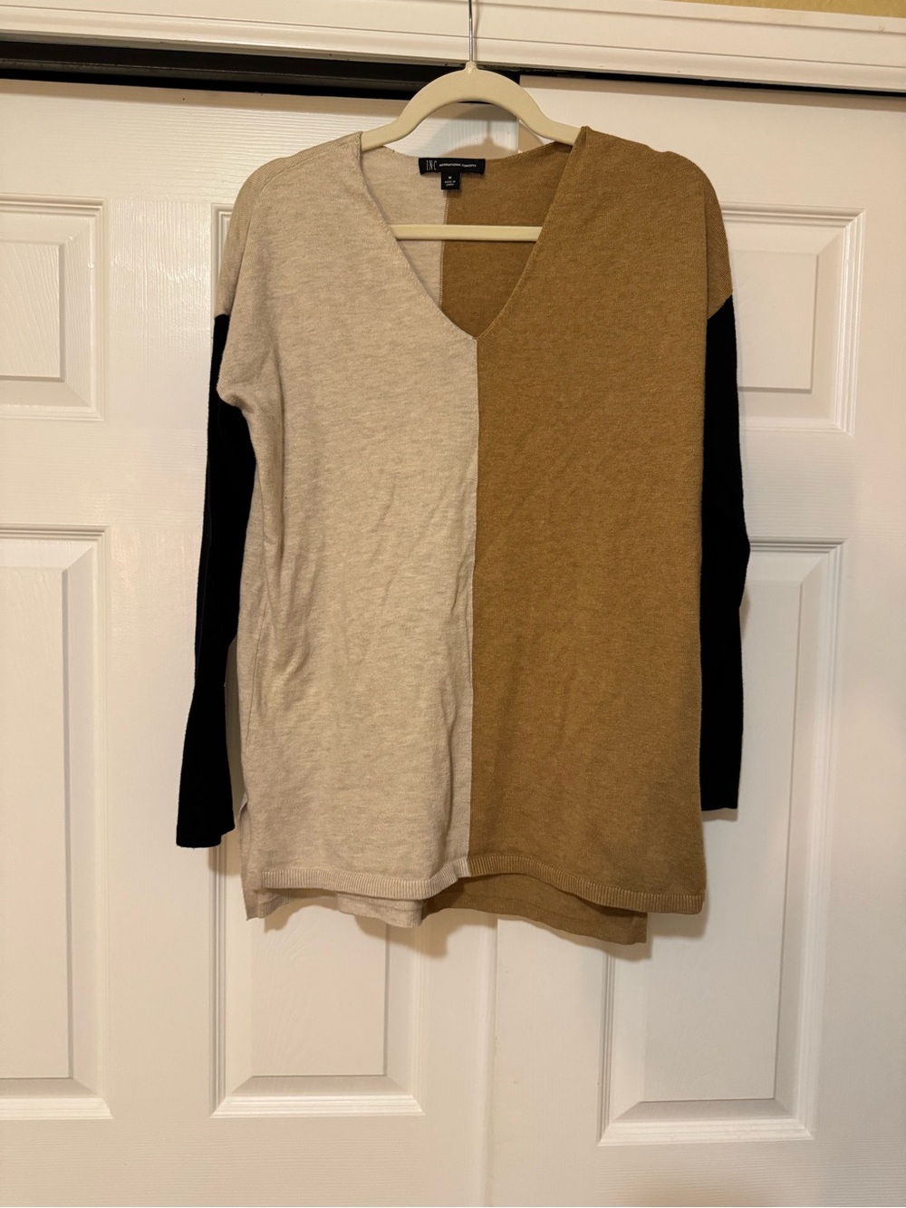INC International Concepts Two-Tone V-Neck Sweater in Beige, Camel & Black